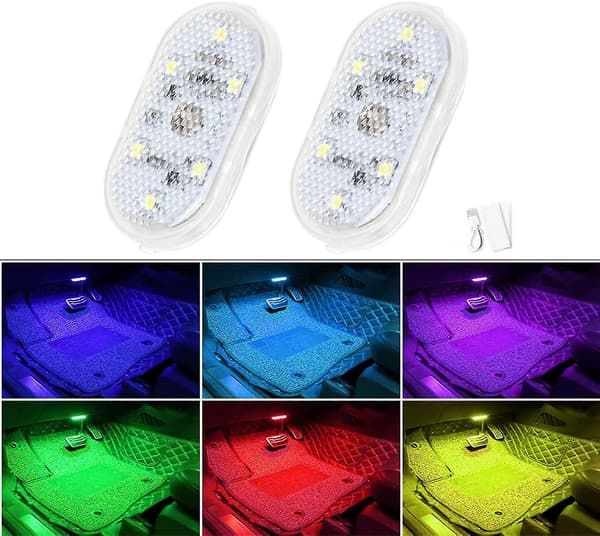 2 stk. LED-lys til bilens interiør, 7 farver LED-lys til bilens interiør