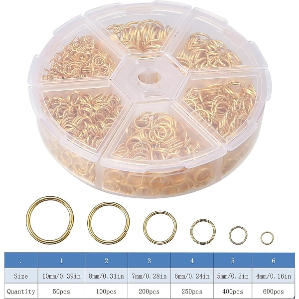 Kultaiset avoimet hyppysormukset - 1600 kpl kullatut hyppysormukset korujen set (4mm, 5mm, 6mm, 7mm, 8mm, 10mm)