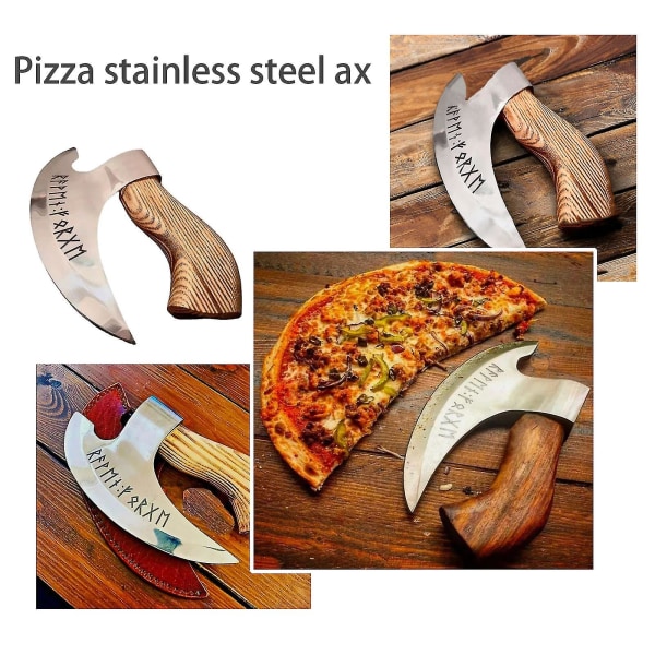 Vintage Pizzaøkse med træskaft - indgraverede runer - Viking Pizzaøkse - Multifunktionel lille vikingøkse
