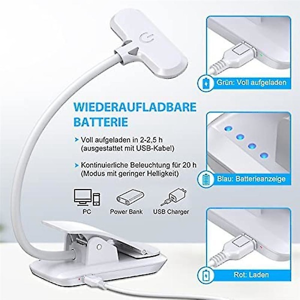 Læselampe Bogklemme, 9 Led Klemmelampe Med 3 Farvetemperatur Og Justerbar Touch-kontakt, Usb