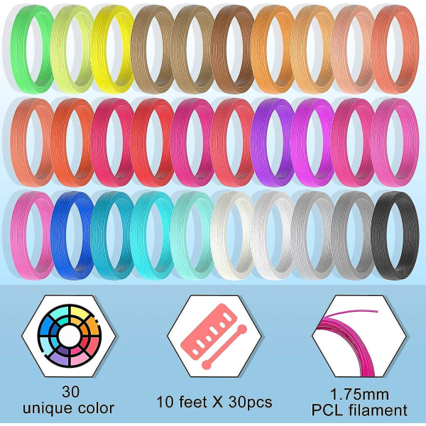 30 farger 3d-utskrift Pen Filament Refills - 75 mm Pcl Filament - 495 fot lengder