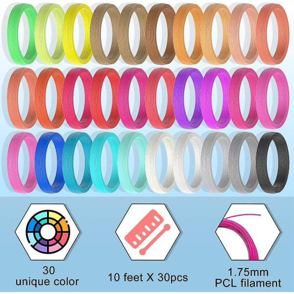 30 farver 3d-print pen filament refills - 75mm Pcl filament - 495 fod længder