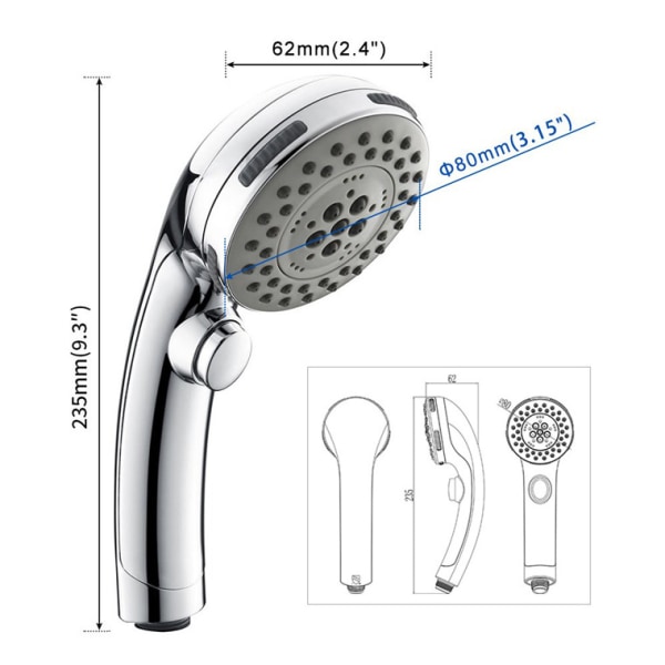 Høytrykks 6-innstillings dusjhode håndholdt med PÅ/AV-bryter og spa-spraymodus - Håndholdt dusjhode med håndholdt spray - Krom