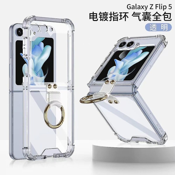 Klar veske kompatibel Samsung Galaxy Z Flip 5 med ringholder fire hjørner, fallsikker plating Støtsikker Transparent