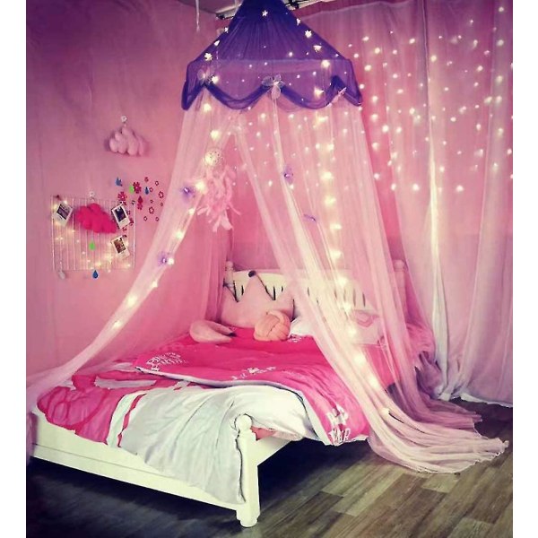 Prinsessans sänghimmel med ljus Gardin Myggnät Med Guldstjärna För flickor Barn Sovrumsdekoration Passar för Twin Enkel Full Queen Size