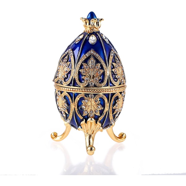 Emalj Fabergé-ägg, dekorativt gångjärnsförsedd smyckeskåp med gnistrande strass, unik gåva/prydnad för födelsedagsfest för heminredning (blå) blue