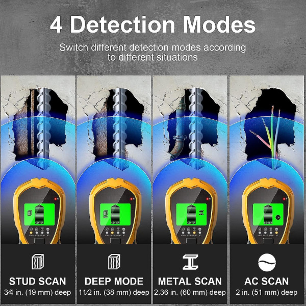 Vægdetektor 4 i 1 vægmetaldetektor med LCD-skærm studsfinder, detektor med 9v batteri til detektering af metaller, elektriske ledninger, træstuds I