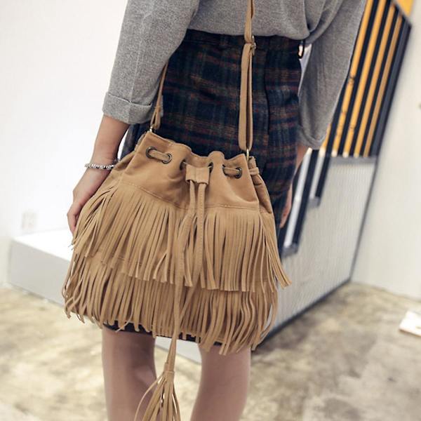 Retro Faux Suede Fringe Tassels Väska Dam Messenger Väska Ny Handväska Axelväska