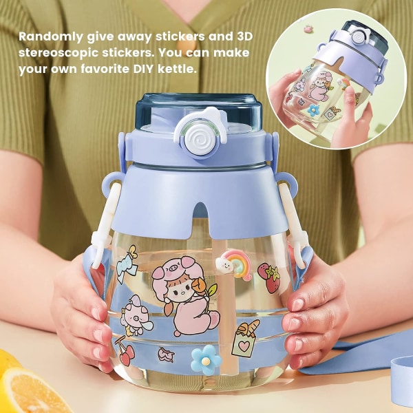 44 oz vattenflaskor med sugrör, Kawaii Kids vattenflaska med handtag och axelrem, BPA-fri läckagesäker （Blå）