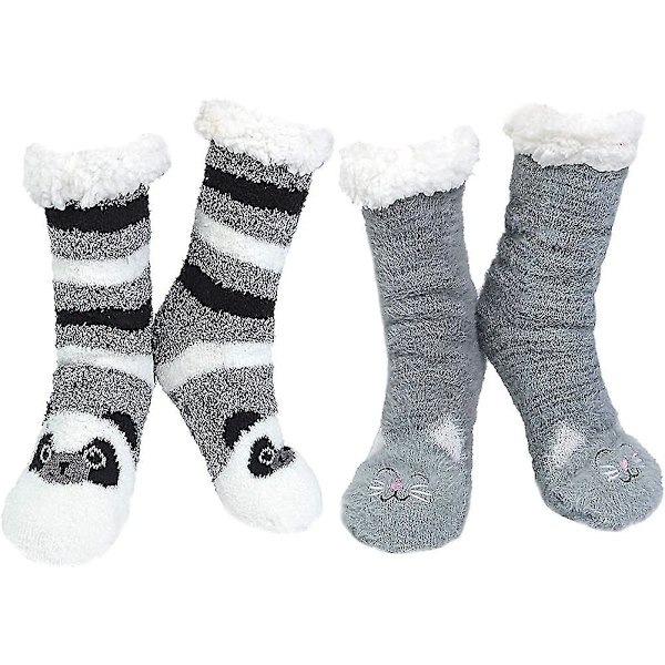 2 par tøfler sokker for kvinner damer dyr varme tøfler sokker fluffy termisk fleece seng sokker vinterfôr strikket søt anti-skli griper fuzzy koselig G