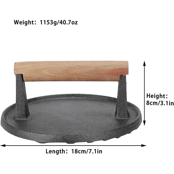 7 "inch Round Bacon Press, Cast Iron Grill Press With Wooden Handle For Sandwich