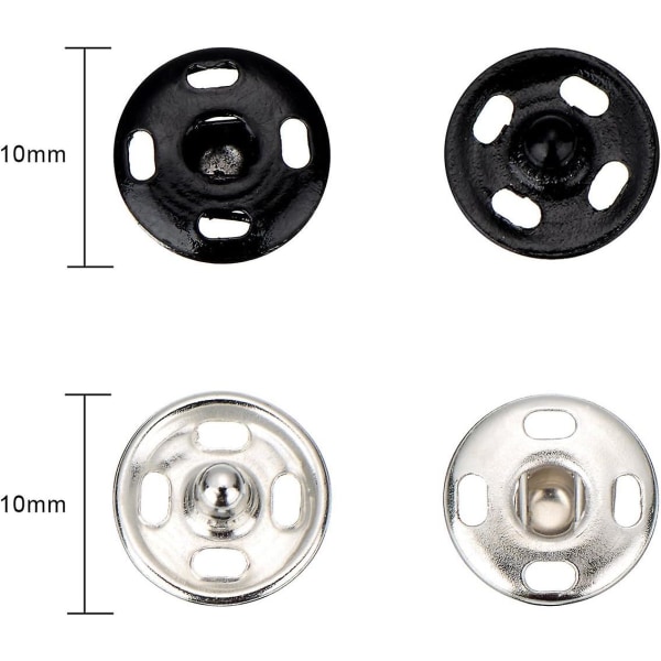 100 set sy-på tryckknappar - Metall tryckknappar för sömnad kläder, svart och silverfärgad, 10 mm