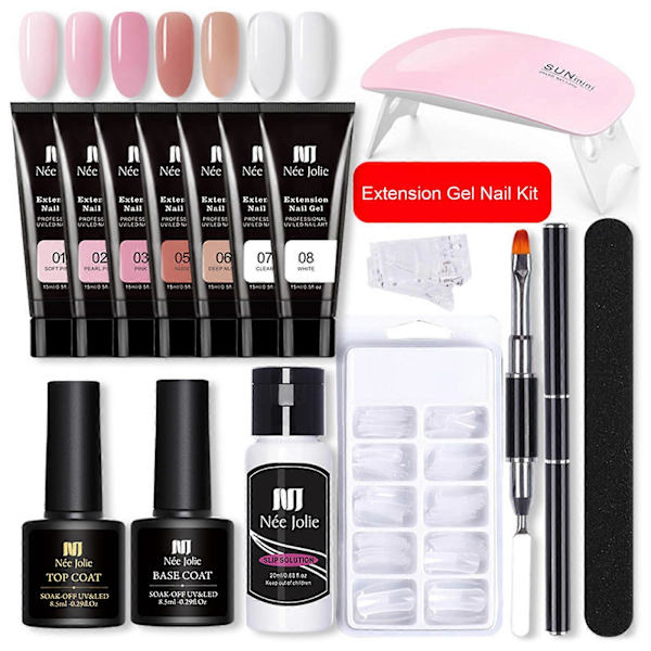 Nee Jolie 15ml Förlängningsgel-Nagelset med Mini-Nagellampa UV-Förlängningsgeler Borste Falska Nagelspetsar Nagelförlängningstips Klämma Baslack Topplack för Naglar