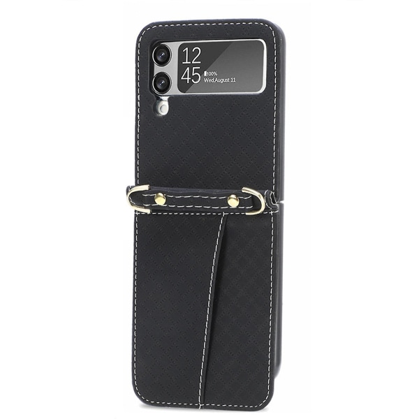 Lanyard Läderfodral Kompatibel Samsung Galaxy Z Flip 3 Z Flip 4 Med Kortfack Stöttålig Crossbody Black