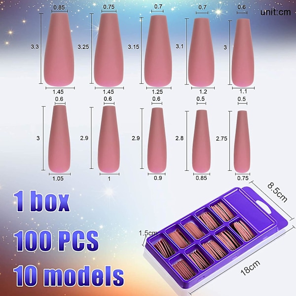 Matte Lange Falske Negle 100stk (mørk Pink)