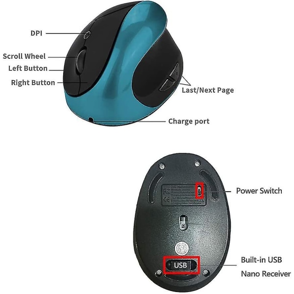 Langaton Hiiri, 2.4g Pysty Ergonomiset Usb, Nano-vastaanotin, Ladattava, Säädettävä Dpi 800/1200/1600/2400 (Sininen)