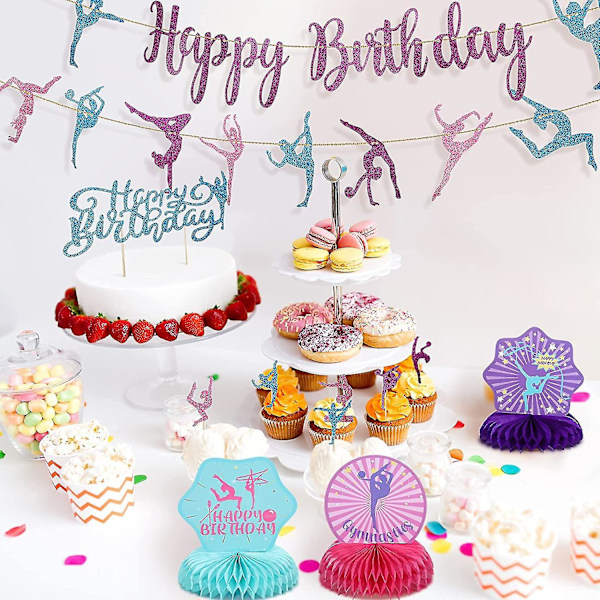 36 stk. Gymnastikfestartikler Dekoration 2 Gymnastik Fødselsdagsbannere 3 Bord Honeycomb Midterstykker 12 Cupcake Topper 1 Kage Topper 18 Latex Ba