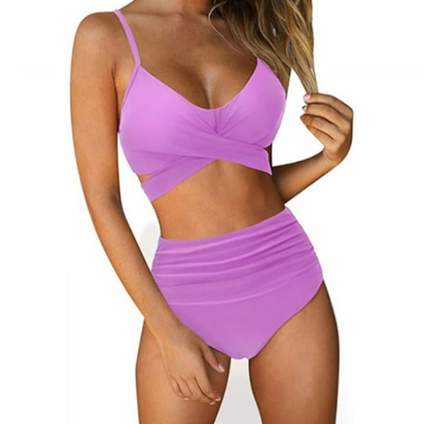 Baddräkter för kvinnor Tvådelade baddräkter BH-topp med hög midja Botten Wrap Bikini Set, Ljuslila XL Storlek Light purple XL