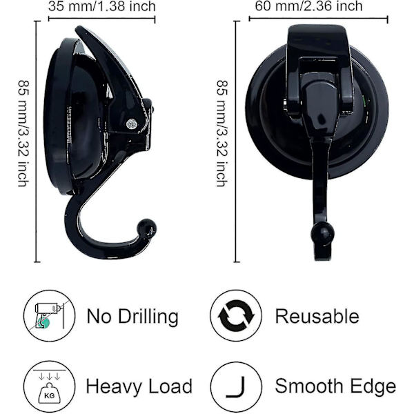 Badrumsrockkrokar Set med 2 svarta sugkoppskrokar, 2-pack kraftiga sugkoppsduschkrokar för