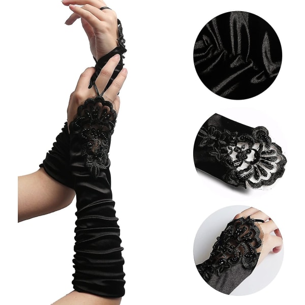 Mustat hanskat Pitkät hanskat 1920-luvun asusteet, puvut, sormettomat hanskat naisille Roaring 20-luvun asusteet Klassiset satiiniset kyynärpääkäsineet (s12)