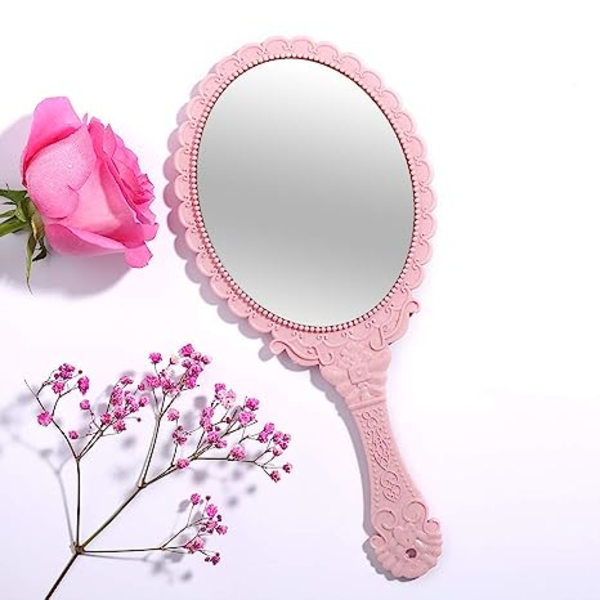 Handspegel Vintage Handhållen Spegel med Handtag Vanity Makeup Spegel T pink