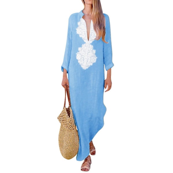 Kvinners trykte langærmet V-hals kjole Split Hem Baggy Kaftan Lang Kjole Blue S