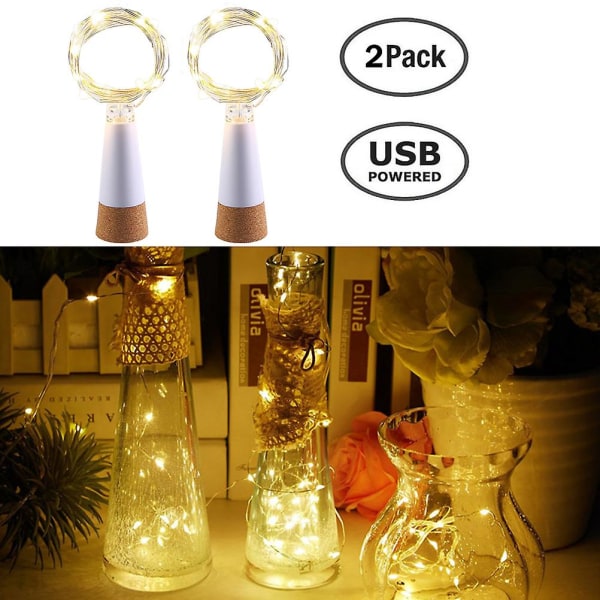 2 stk Flaskekorklys Led Flaskestrenglys Usb Oppladbare Mini Fairy String Lights