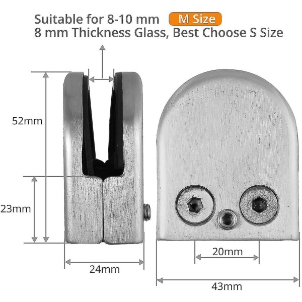 Lasiklipsut 8 kpl 8-10mm 304 Ruostumaton Teräs Lasiklipsu Tukikohta Tasainen Takaosa Kromattu Pinta Kaiteelle