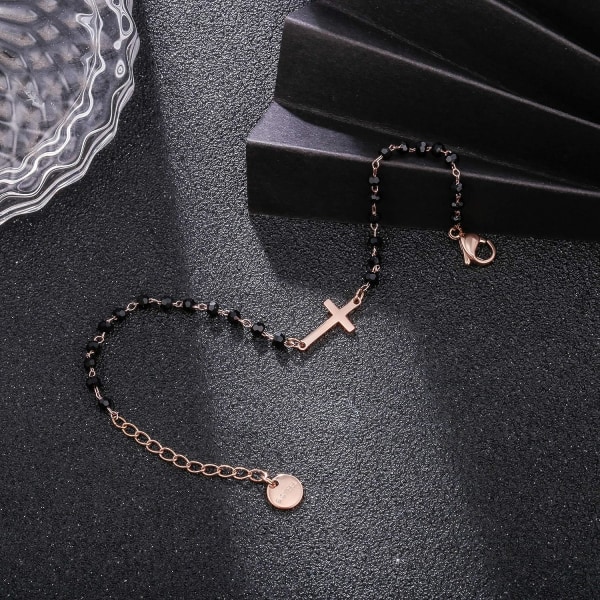 Cross Charm Armbånd Rustfritt stål Svart Perle Enkel Lucky Charm Armbånd (rose gull) rose gold