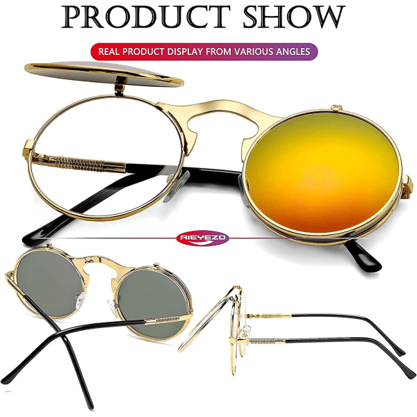 Round Flip Up solbriller for menn og kvinner - John Lennon briller 90-talls  retro Steampunk Style Gold-Red Mirror 29fb | Gold-Red Mirror | Fyndiq