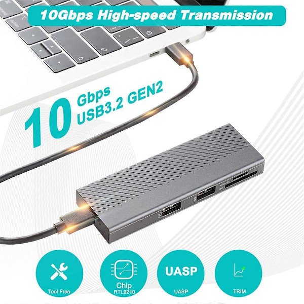 4-in-1 USB-keskitin levytallennustilan kanssa M.2 Dual Protocol SSD USB Type-C -sovitin 10 Gt/s Kannettava telakointiasema PC-tietokoneelle