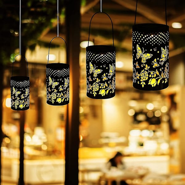 Lightess Solcellelanterner Til Haven Vandtætte, Solcelle Hængende Lanterner Udendørs, Metal Led Udendørs Solcelledrevne Lys Butterfly Dekorative F