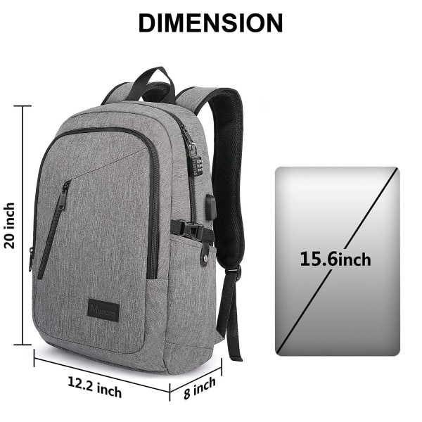 Laptop-ryggsekk for reiser, Anti-tyveri Business College School Bookbag, USB-ladeport og lås, Vanntett reisedataveske Dagsekk, Grå