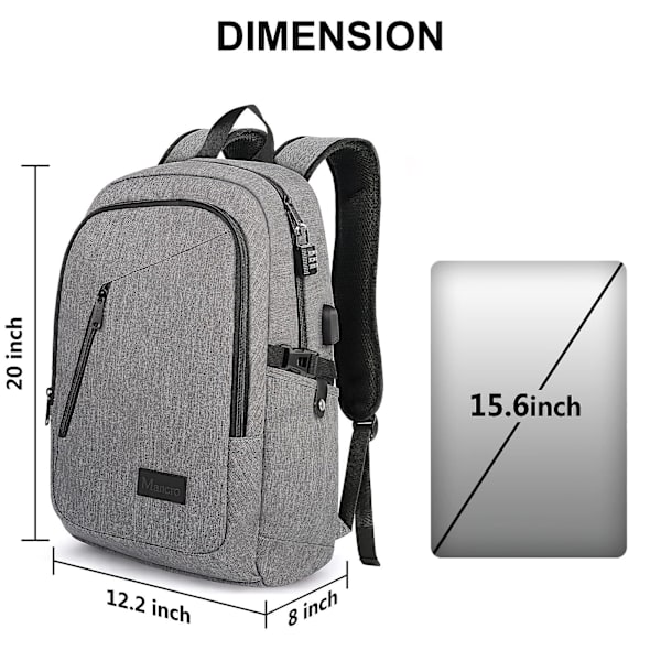 Ryggsäck för bärbar dator för resor, stöldskyddad ryggsäck för företag och skola, USB-laddningsport och lås, vattenavvisande resväska för dator, dagryggsäck, grå