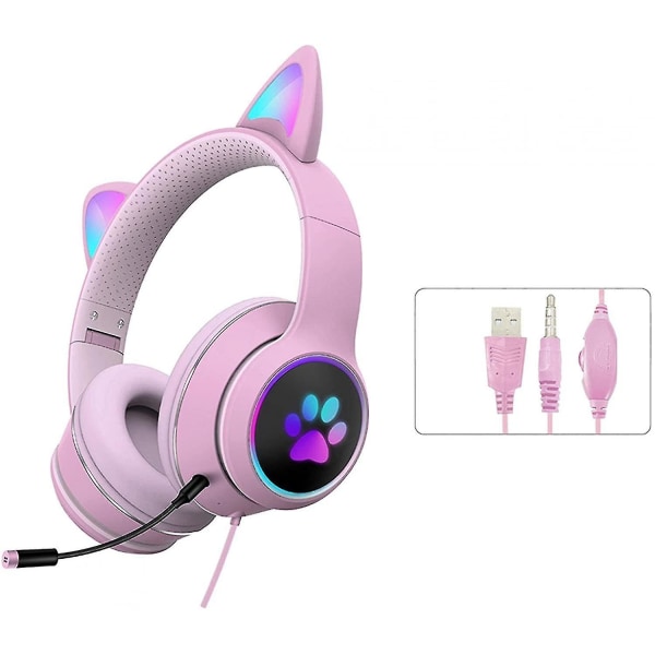 Gaming Headset Foldbare Cat Ear-hovedtelefoner med Rgb Led-lys Stereolyd-hovedtelefoner med mikrofon Usb 3,5 mm ledning over øret Gaming-headset til børn Voksen