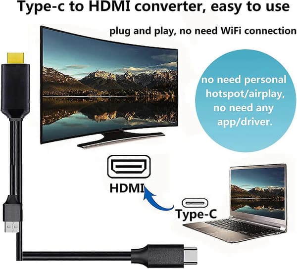 USB-C til HDMI-adapter (4K@60Hz), C til HDMI-kabel, USB-C til HDMI-adapter med lading