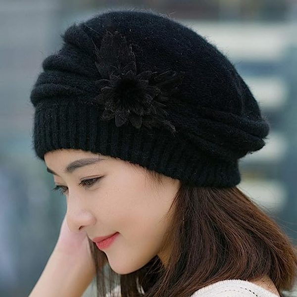 Dame Beanies Vinterhatte Dame Mode Dame Blomster Strik Hæklet Hat Vinter Wa black