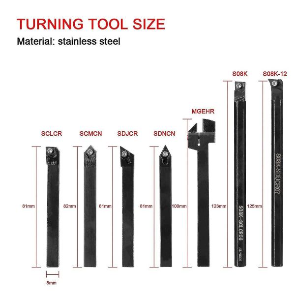 8mm 7-osainen sorvaustyökalusarja, korkea kovuus, metallijyrsin, sorvi, CNC-työkalupidike, jossa avain ja terä