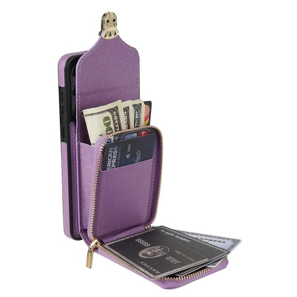 Til Samsung Galaxy S22 5G PU +TPU-kortplads-etui Kickstand Lynlås Telefoncover med Crossbody-strop Purple