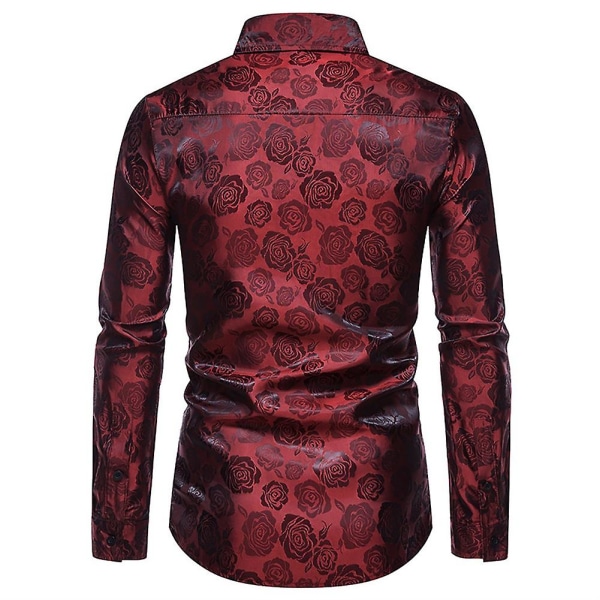 Allthemen Herre Casual Slim Lapel Rose Floral langærmet skjorte Burgundy L