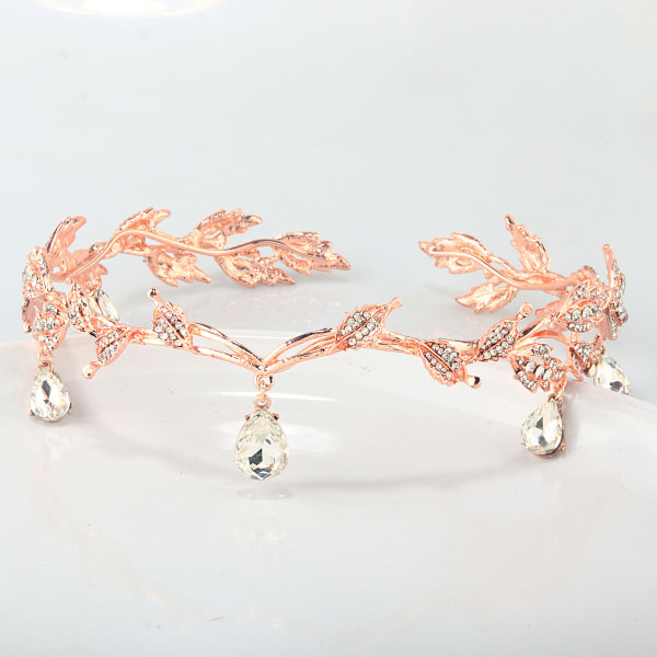 Rhinestone Leaf Wedding Tiara pannebånd for bruder, Rose Gold Crown Hea