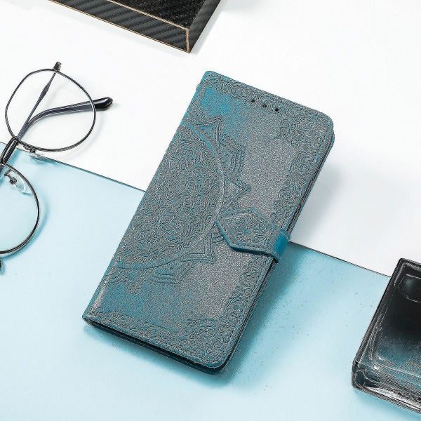 Huawei Mate 40 Lite Case Läder cover Emboss Mandala Magnetic Flip Protection Stötsäker - Blå