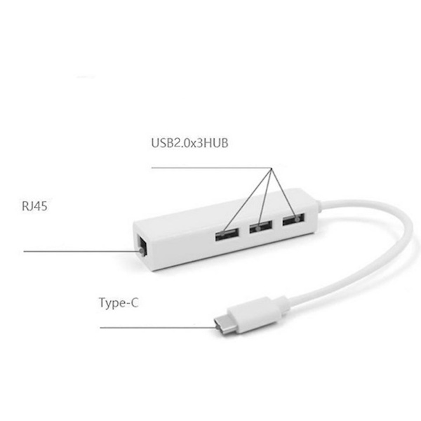 USB-C Type-C til Ethernet Adapter Bærbar Laptop Tablet PC USB2.0 Hub
