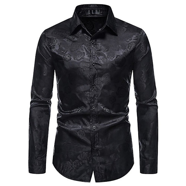 Allthemen Herre Casual Slim Lapel Rose Floral Langærmet Skjorte Black 2XL