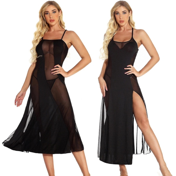Sexig Dam Splice Trådlös BH Lingerie Rygglös Pyjamas Nattlinne Svart S-6xl XXXL