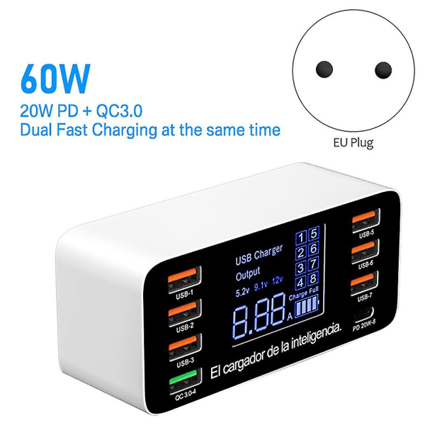 60w 8 porttia USB puhelimen laturi Qc3.0 Type C USB C pikalaturi Quick Charge 3.0 Smart Led Display(eu