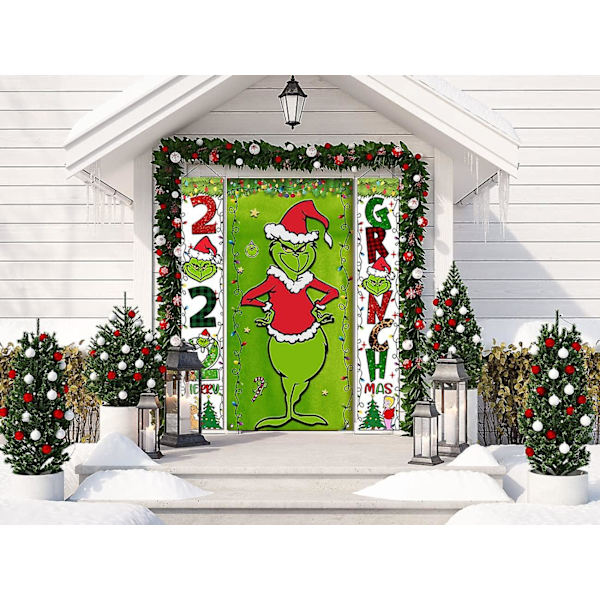 Grinch Jule Dør Cover Dekorationer Grinch Grøn Baggrund Glædelig Jul Veranda Skilt Til Indendørs Udendørs Hoveddør Festartikler