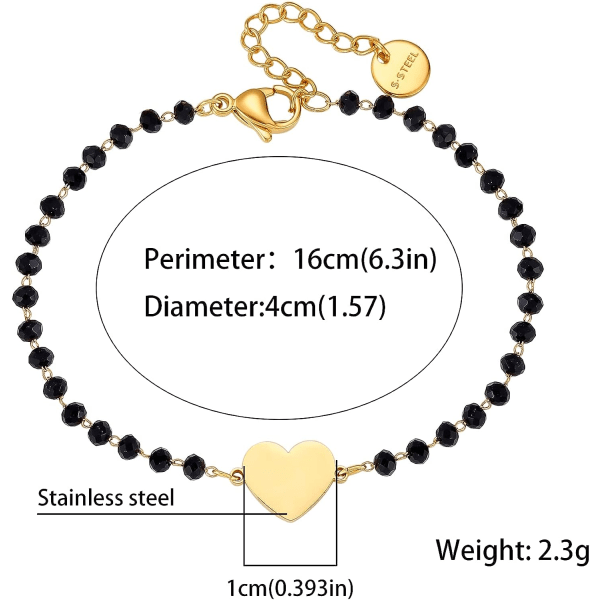 Hjerte Charm Armbånd i Rustfrit Stål med Sorte Perler - Enkelt Lykke Charm Armbånd (Guld) gold