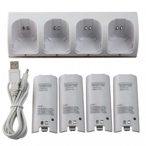 Ladesystem + 4*2800mah batterier for Wii-fjernkontroll hvit