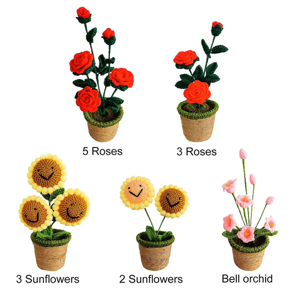 Handgjord stickad blomma konstgjord vävd krukväxt garn flerfärgad kreativitet handgjord 3 Roses